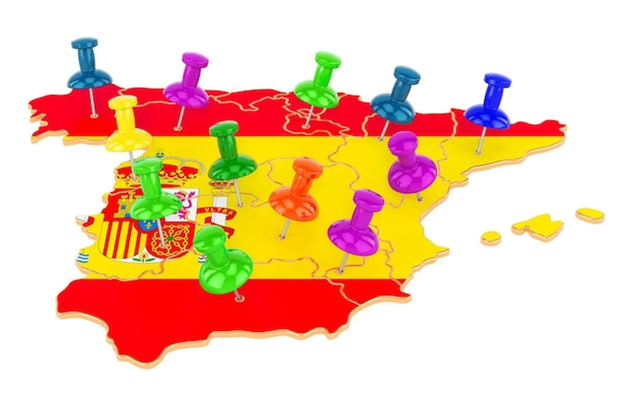 Mapa Hiszpanii z kolorowymi szpilkami 3D