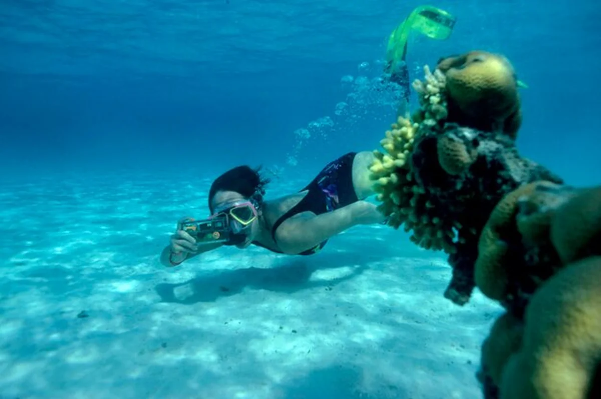 Nurkowiec z kamerą na rafie koralowej w Egipcie