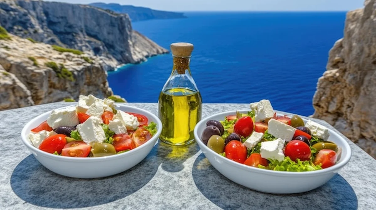 Sałatka grecka przy butelce oliwy z oliwek nad morzem Zakynthos