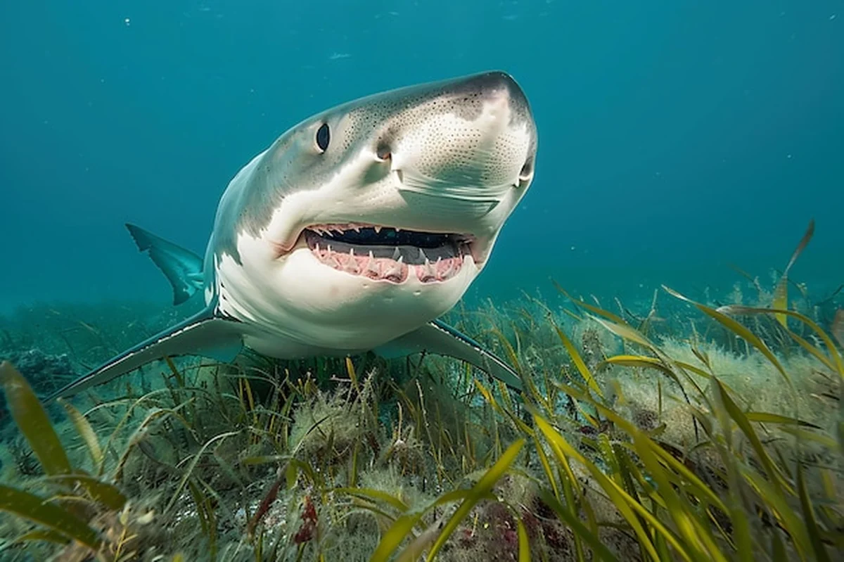 Podwodne zdjęcie białych rekinów w czystej niebieskiej wodzie