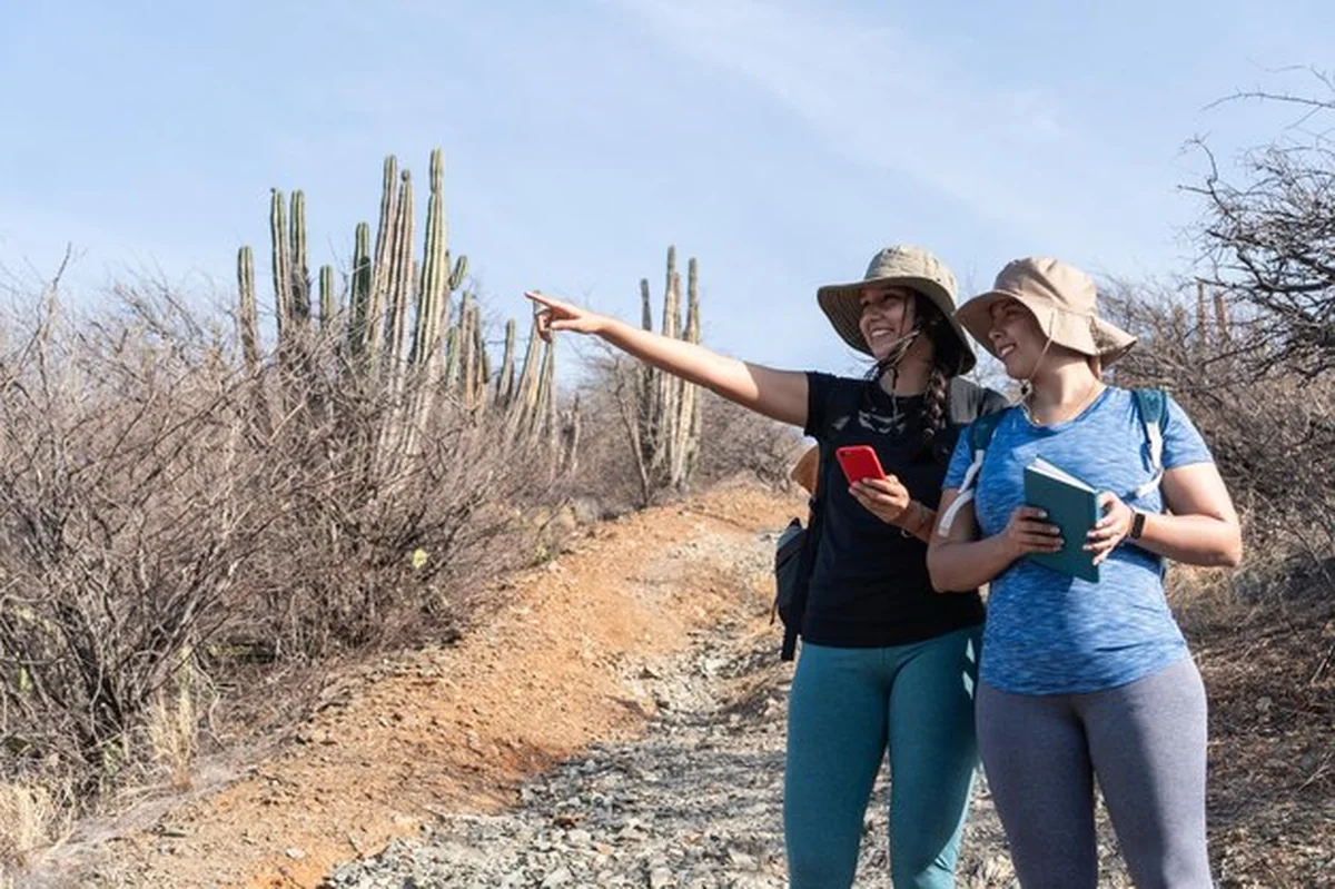 Radosni turyści korzystający ze smartfonów na szlaku